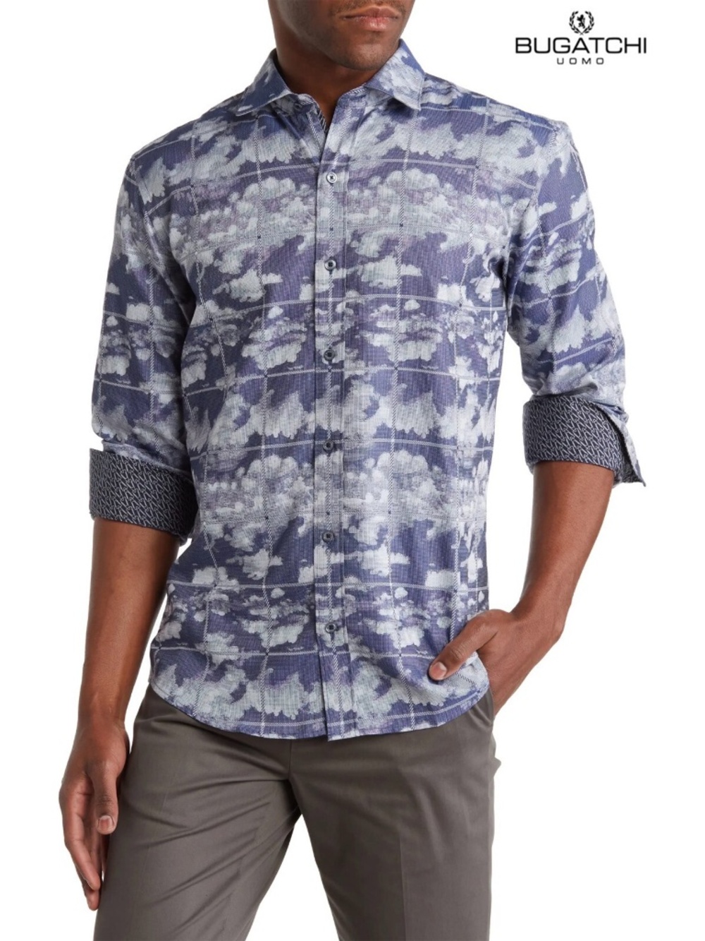 BUGATCHI MEN NWT WINDOWPANE L/S CLASSIC SHAPED FIT NAVY COTTON SHIRT. SIZE XL